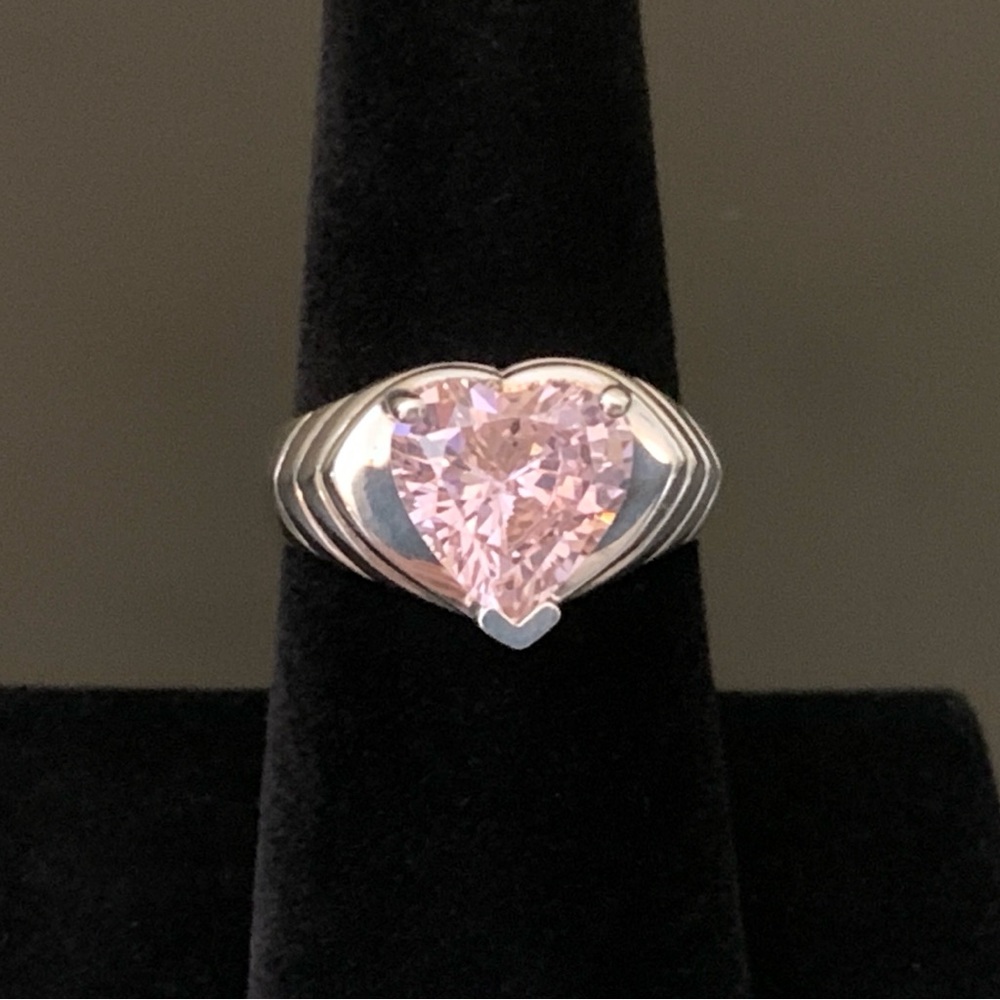 Diamonique Pink Heart Solitaire Sterling Silver Ring, Size 7
